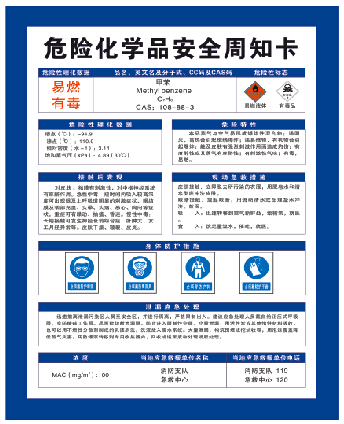 甲苯-危险化学品周知卡-安全标志牌,安全生产标准化一